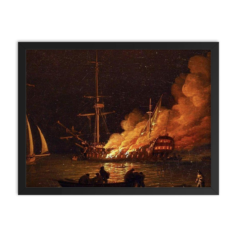 Ship on Fire at Night by Charles Brooking, c. 1756 framed print on a plain backdrop in size 18