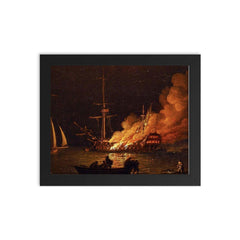 Ship on Fire at Night by Charles Brooking, c. 1756 framed print on a plain backdrop in size 8"x10".
