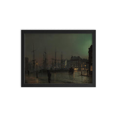 Shipping Scene at Night by John Atkinson Grimshaw, 1882 framed print on a plain backdrop in size 12"x16".