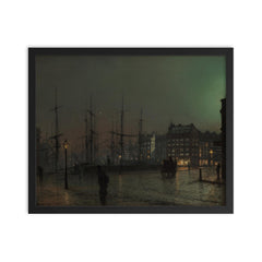 Shipping Scene at Night by John Atkinson Grimshaw, 1882 framed print on a plain backdrop in size 16"x20".