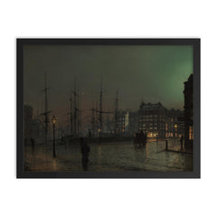 Shipping Scene at Night by John Atkinson Grimshaw, 1882 framed print on a plain backdrop in size 18"x24".