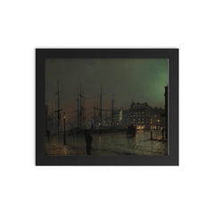 Shipping Scene at Night by John Atkinson Grimshaw, 1882 framed print on a plain backdrop in size 8"x10".