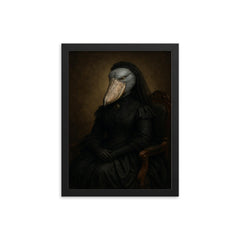Shoebill stork enthroned in Victorian mourning attire framed print on a plain backdrop in size 12"x16".