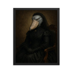 Shoebill stork enthroned in Victorian mourning attire framed print on a plain backdrop in size 16"x20".