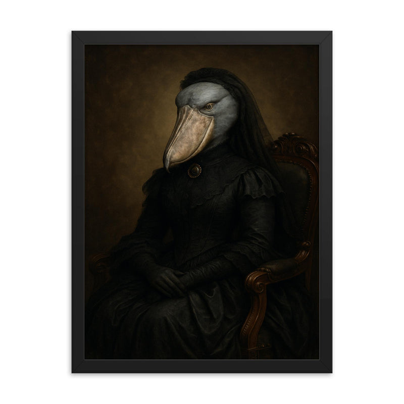 Shoebill stork enthroned in Victorian mourning attire framed print on a plain backdrop in size 18