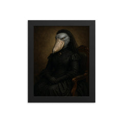 Shoebill stork enthroned in Victorian mourning attire framed print on a plain backdrop in size 8"x10".