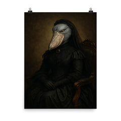 Shoebill stork enthroned in Victorian mourning attire poster on a plain backdrop in size 8"x10".