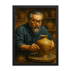 Shoji Hamada framed print on a plain backdrop in size 18"x24".