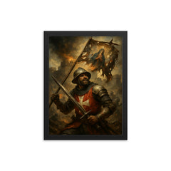 Siege of Malta defender under shattered saint banner framed print on a plain backdrop in size 12"x16".