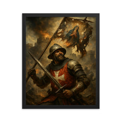 Siege of Malta defender under shattered saint banner framed print on a plain backdrop in size 16"x20".