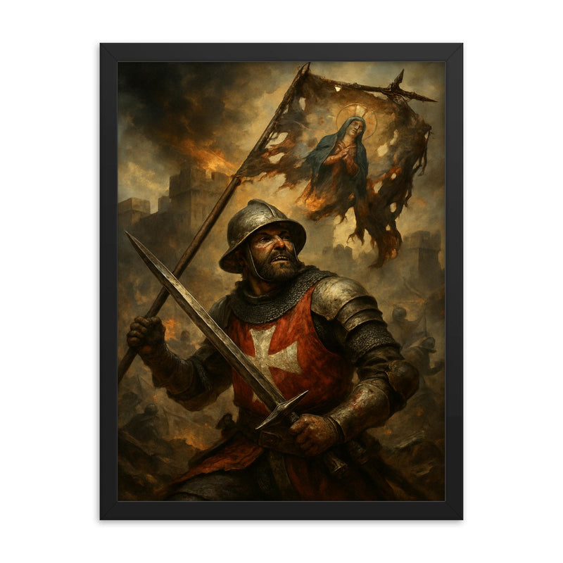 Siege of Malta defender under shattered saint banner framed print on a plain backdrop in size 18