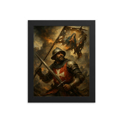 Siege of Malta defender under shattered saint banner framed print on a plain backdrop in size 8"x10".