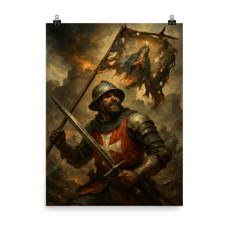 Siege of Malta defender under shattered saint banner poster on a plain backdrop in size 8