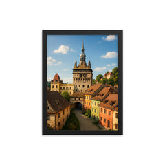 Sighisoara Citadel Romania framed print on a plain backdrop in size 12"x16".