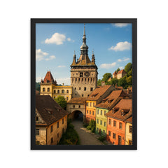 Sighisoara Citadel Romania framed print on a plain backdrop in size 16"x20".