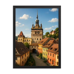 Sighisoara Citadel Romania framed print on a plain backdrop in size 18"x24".