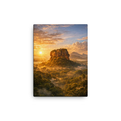 Sigiriya lion rock at jungle sunrise canvas print on a plain backdrop in size 12"x16".