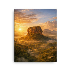 Sigiriya lion rock at jungle sunrise canvas print on a plain backdrop in size 16"x20".