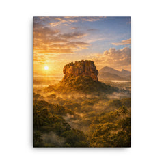 Sigiriya lion rock at jungle sunrise canvas print on a plain backdrop in size 18"x24".