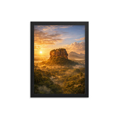 Sigiriya lion rock at jungle sunrise framed print on a plain backdrop in size 12"x16".