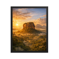 Sigiriya lion rock at jungle sunrise framed print on a plain backdrop in size 16"x20".