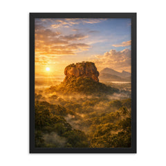 Sigiriya lion rock at jungle sunrise framed print on a plain backdrop in size 18"x24".