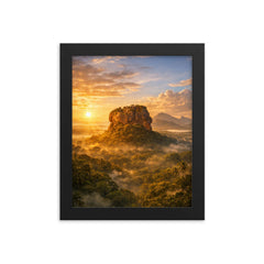 Sigiriya lion rock at jungle sunrise framed print on a plain backdrop in size 8"x10".