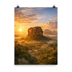 Sigiriya lion rock at jungle sunrise poster on a plain backdrop in size 8"x10".