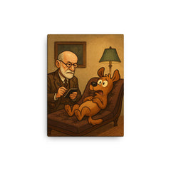 Sigmund Freud analyzing a cartoon dog patient on his therapy couch canvas print on a plain backdrop in size 12"x16".