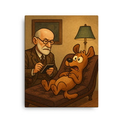 Sigmund Freud analyzing a cartoon dog patient on his therapy couch canvas print on a plain backdrop in size 16"x20".