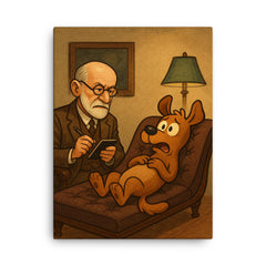 Sigmund Freud analyzing a cartoon dog patient on his therapy couch canvas print on a plain backdrop in size 18"x24".