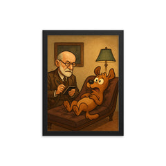 Sigmund Freud analyzing a cartoon dog patient on his therapy couch framed print on a plain backdrop in size 12"x16".