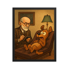 Sigmund Freud analyzing a cartoon dog patient on his therapy couch framed print on a plain backdrop in size 16"x20".
