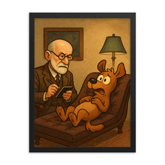 Sigmund Freud analyzing a cartoon dog patient on his therapy couch framed print on a plain backdrop in size 18"x24".