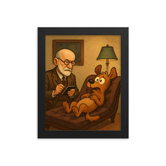 Sigmund Freud analyzing a cartoon dog patient on his therapy couch framed print on a plain backdrop in size 8"x10".