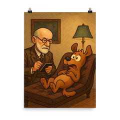 Sigmund Freud analyzing a cartoon dog patient on his therapy couch poster on a plain backdrop in size 8"x10".