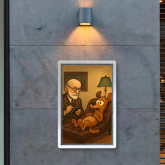 Sigmund Freud analyzing a cartoon dog patient on his therapy couch poster 2