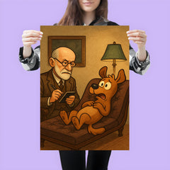 Sigmund Freud analyzing a cartoon dog patient on his therapy couch poster 3