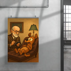 Sigmund Freud analyzing a cartoon dog patient on his therapy couch poster 4