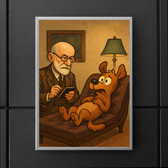 Sigmund Freud analyzing a cartoon dog patient on his therapy couch poster 5