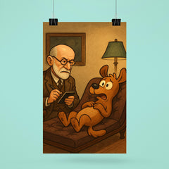 Sigmund Freud analyzing a cartoon dog patient on his therapy couch poster 6