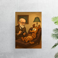 Sigmund Freud analyzing a cartoon dog patient on his therapy couch poster 7