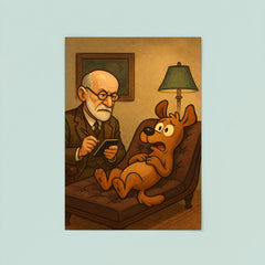 Sigmund Freud analyzing a cartoon dog patient on his therapy couch poster 8