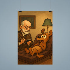 Sigmund Freud analyzing a cartoon dog patient on his therapy couch poster 9