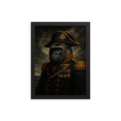 Silverback gorilla in admiral’s uniform before storm framed print on a plain backdrop in size 12"x16".