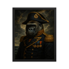 Silverback gorilla in admiral’s uniform before storm framed print on a plain backdrop in size 16"x20".