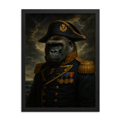 Silverback gorilla in admiral’s uniform before storm framed print on a plain backdrop in size 18"x24".