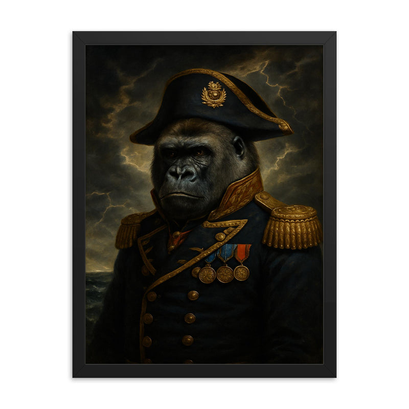 Silverback gorilla in admiral’s uniform before storm framed print on a plain backdrop in size 18