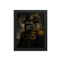 Silverback gorilla in admiral’s uniform before storm framed print on a plain backdrop in size 8"x10".