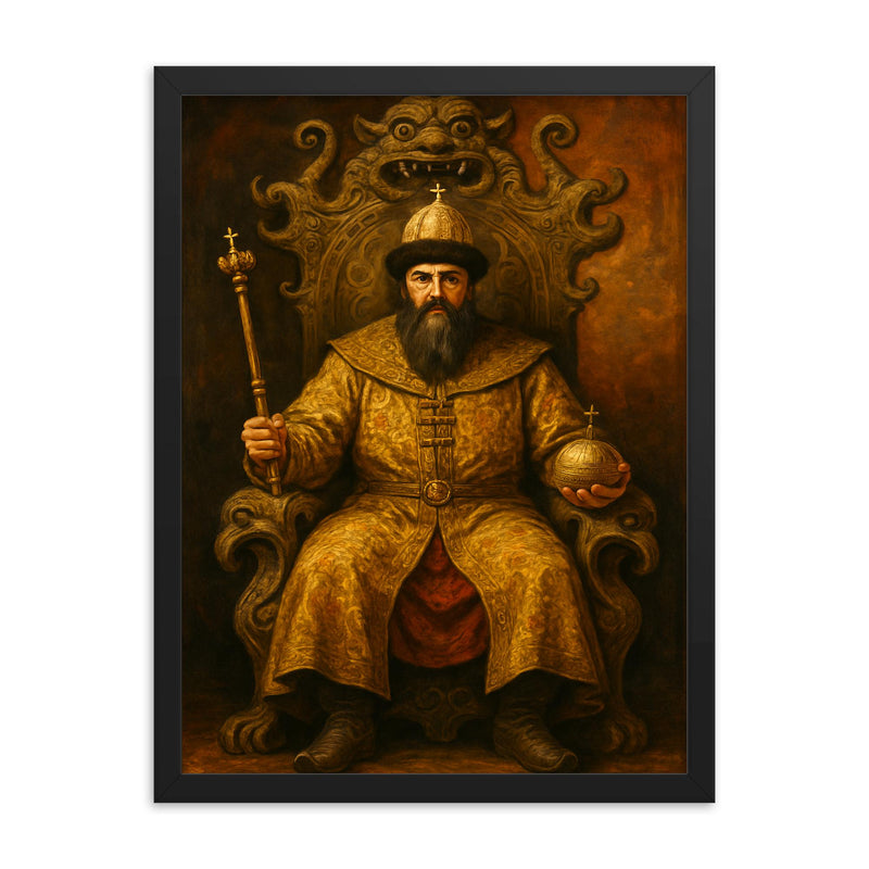 Simeon Bekbulatovich on a strange Russian throne framed print on a plain backdrop in size 18